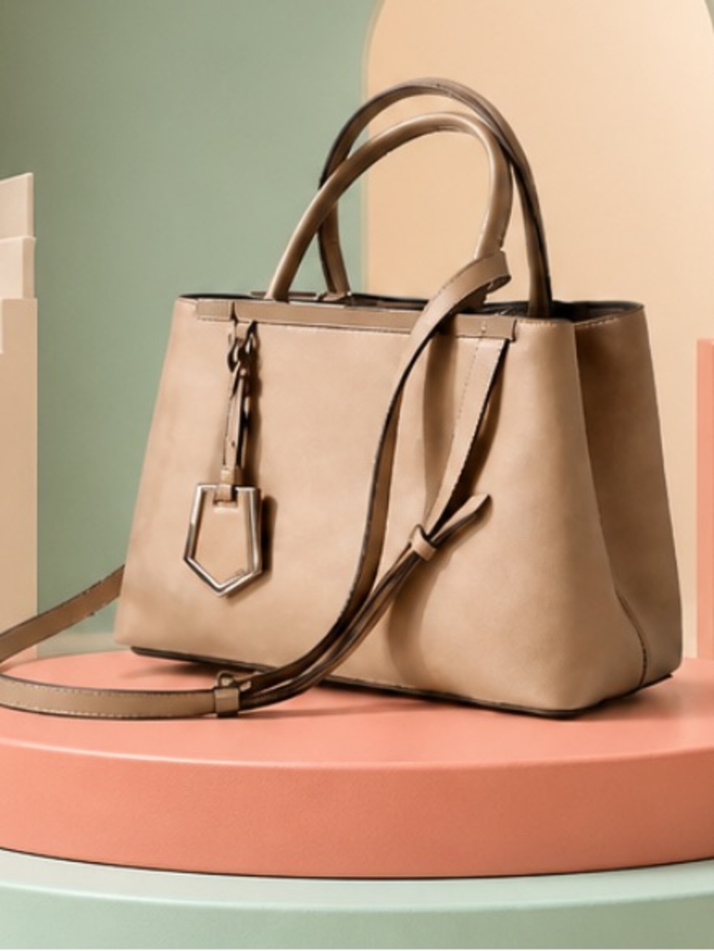 Fendi 2Jour Beige/Taupe Leather Top-Handle Satchel Bag with Detachable Strap.
